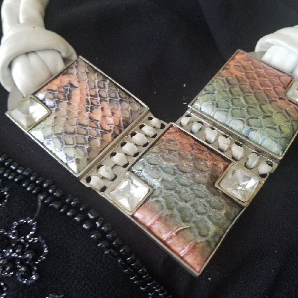 Vintage Python Leather Bib Necklace Crystals - image 1
